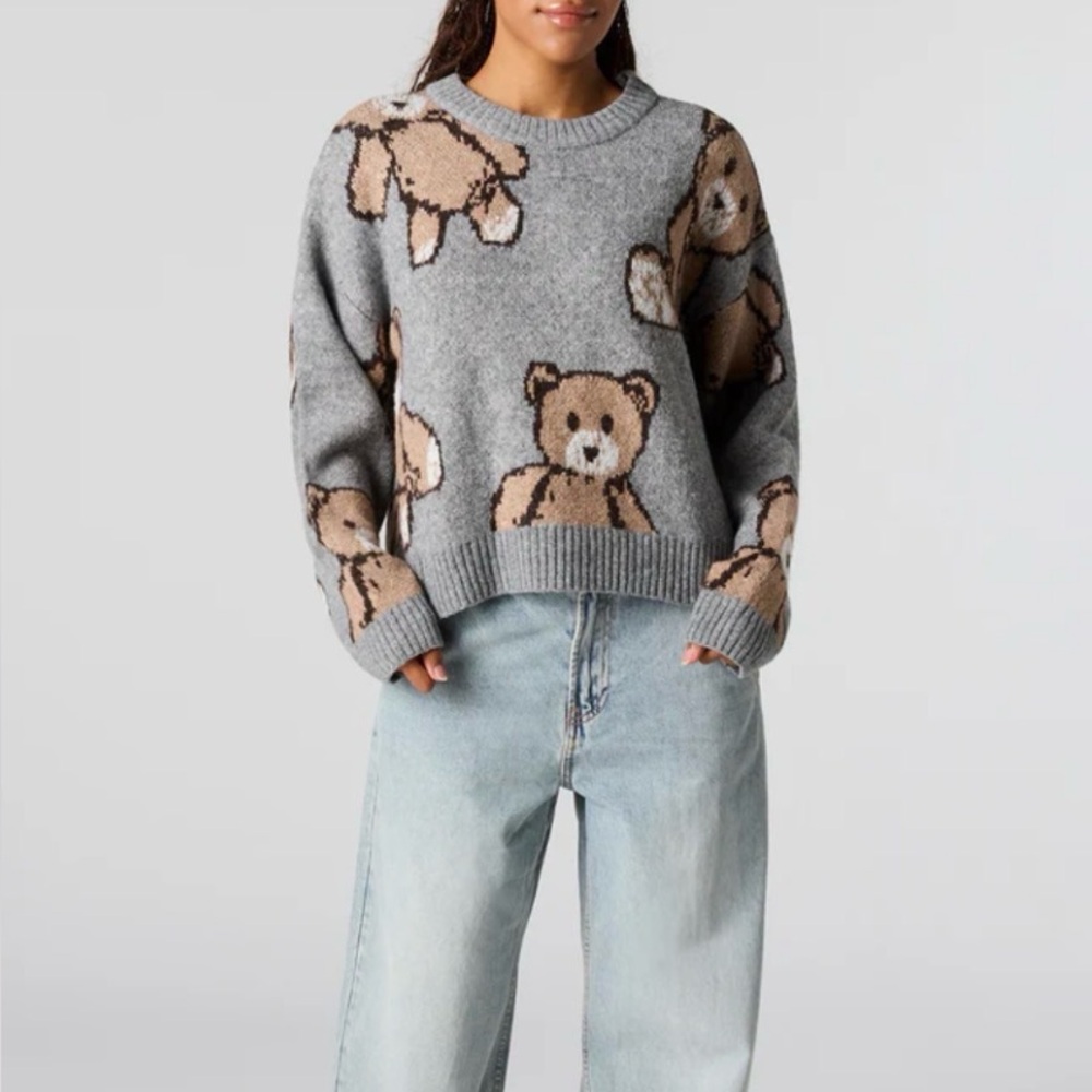 Teddy Bear Jacquard Knit Cropped Sweater - Size S